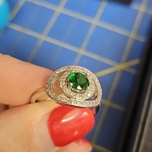 Emerald Rhinestone Silver Tone Ring Size 9